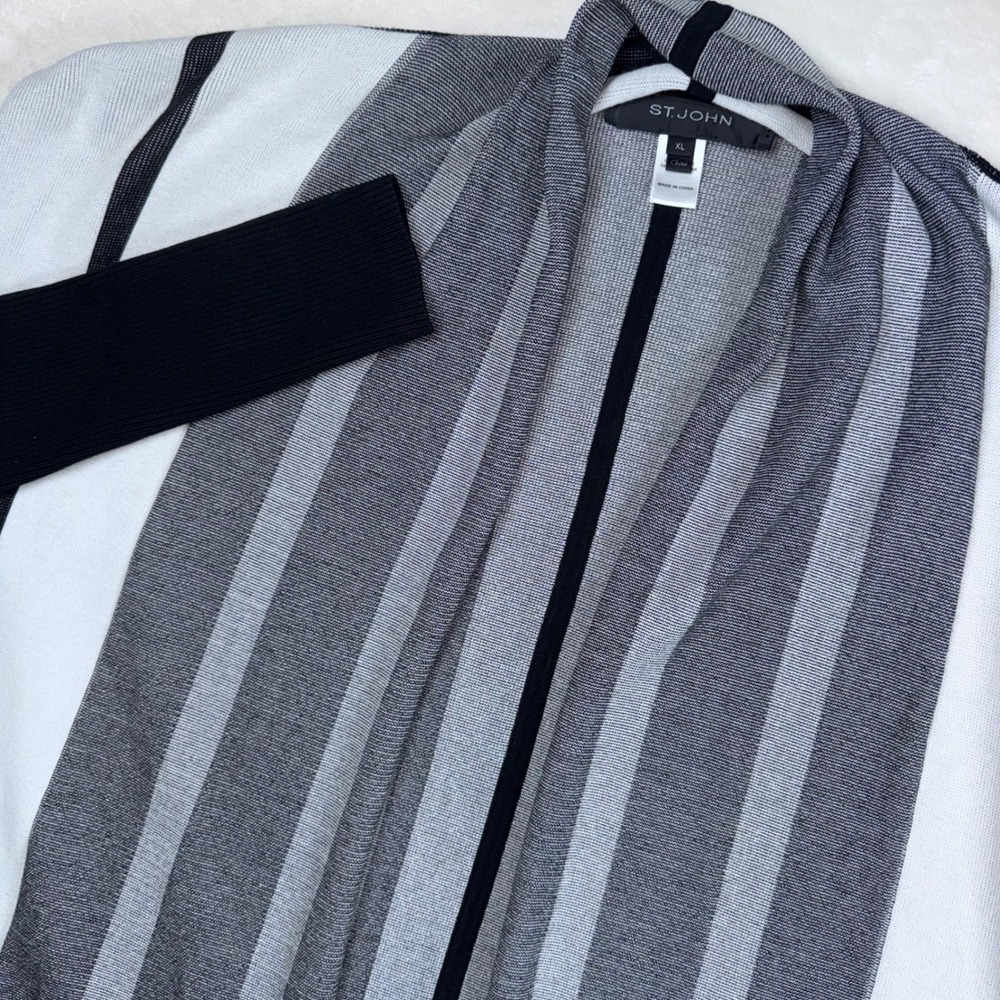 St. John Cardigan Women XL Black White Grey Geometric Striped Open Front Sweater